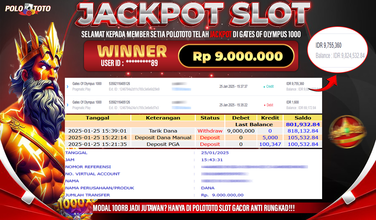 POLOTOTO JACKPOT SLOT GATES OF OLYMPUS 1000 Rp.9,000.000,- 
