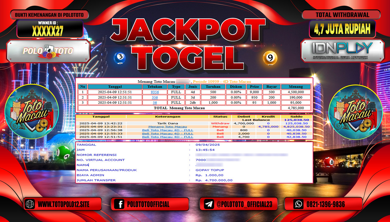 POLOTOTO JACKPOT TOGEL TOTOMACAU 4D Rp.4.700.000,-