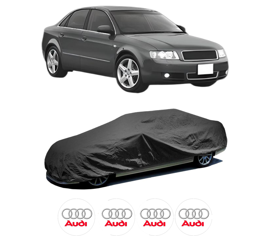 Husa tip prelata auto pentru AUDI A4 B6 (8E2) din 2000-2004, Culoare Negru, material textil impermeabil, rezistanta la intemperii praf UV, CARPASSION Husa Protectie, 4 Stickere auto cu AUDI