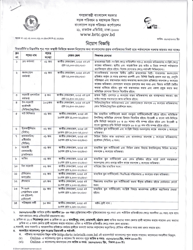 Bangladesh Road Transport Corporation Job Circular 2022