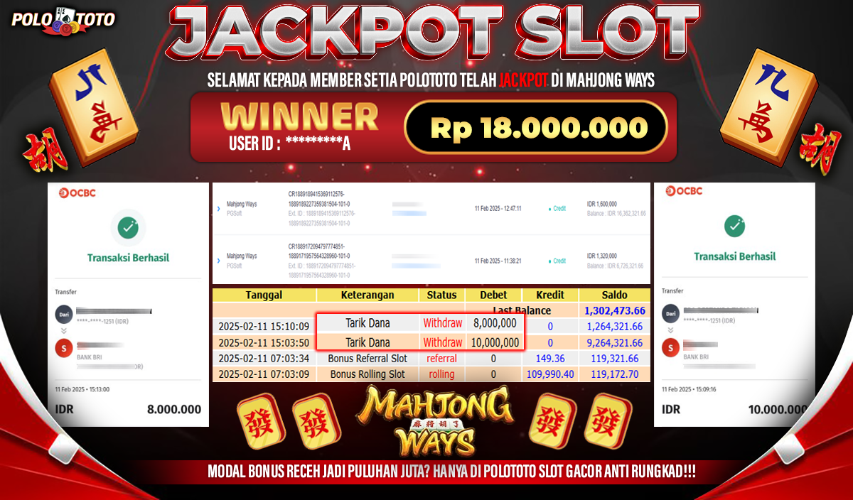POLOTOTO JACKPOT SLOT MAHJONG WAYS Rp.18.000.000,-