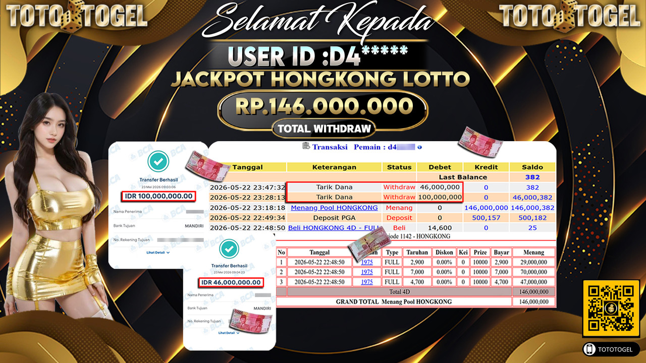 Bukti Pembayaran Jackpot Permainan Togel Hongkong Lotto ID:D4***** LUNAS