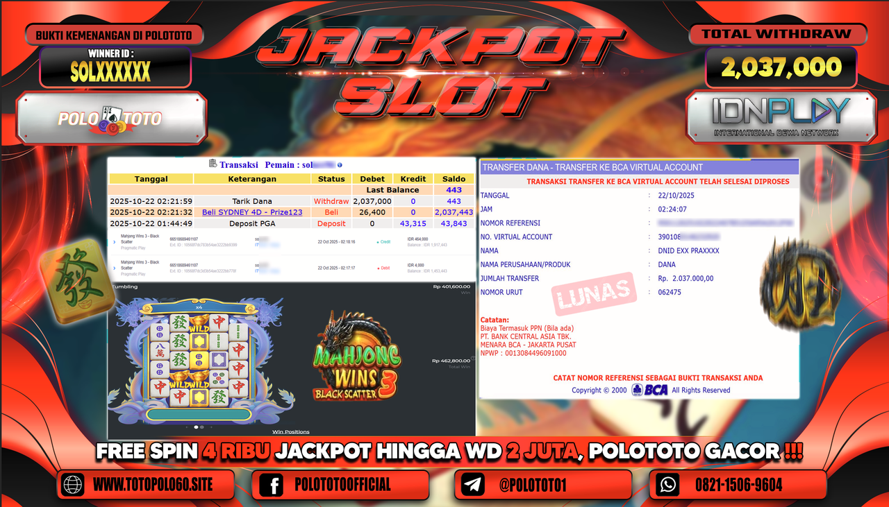 POLOTOTO JACKPOT SLOT MAHJONG WINS 3 - BLACK SCATTER Rp.2.037.000,- LUNAS
