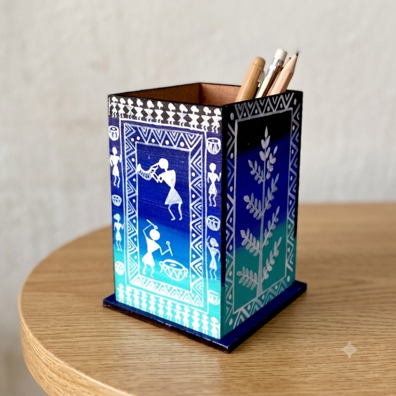 Warli Painting on MDF Pen Stand DIY Kit