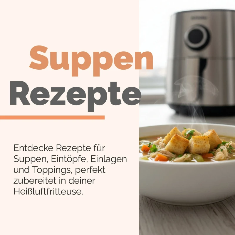 Moderne Heißluftfritteuse mit knusprigen Speisen, Hier Brokkolicremesuppe