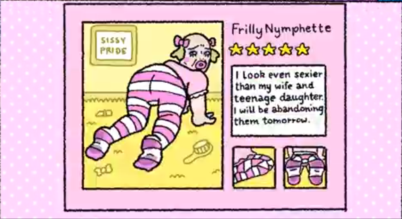 tights review from frilly nymphette a balding man wearing little girl clothes and pigtails crawling on the floor I look even sexier than my wife and teenage daughter I will be leaving them tomorrow