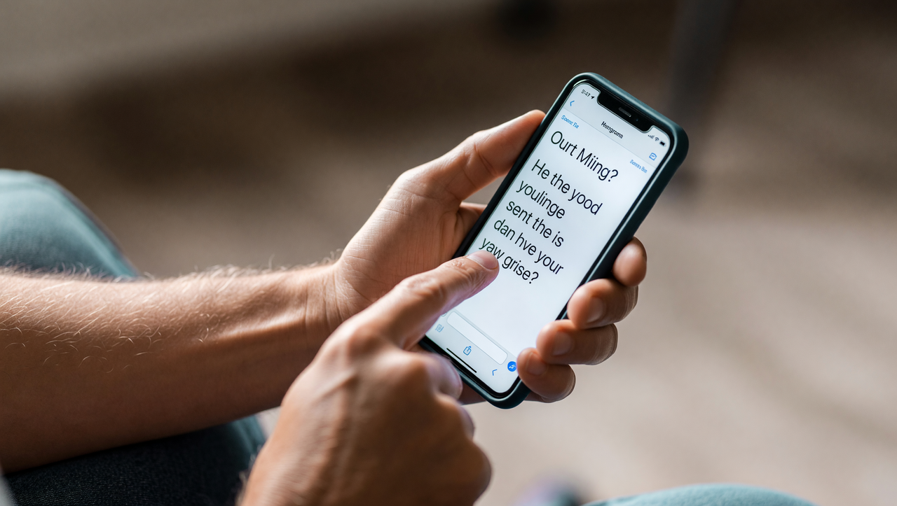 A senior adult holding a large-screen smartphone comfortably, reading a message with clear large text