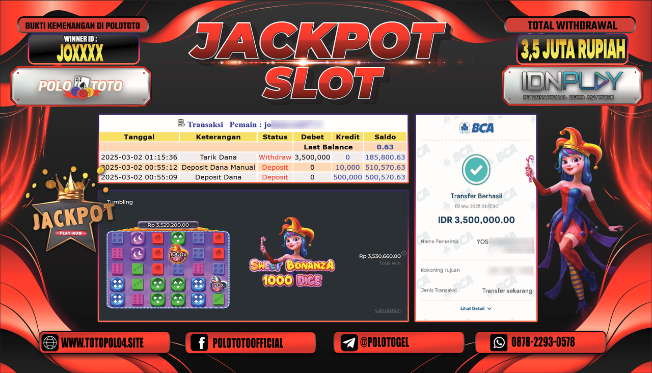 POLOTOTO JACKPOT SLOT SWEET BONANZA 1000 DICE Rp.3.500.000,-