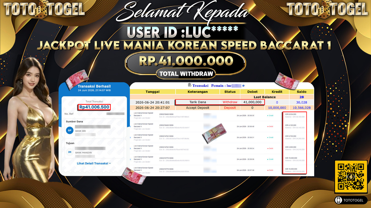Bukti Pembayaran Jackpot Permainan Pragmatic Live Mania Korean Speed Baccarat 1 ID:LUC*****LUNAS