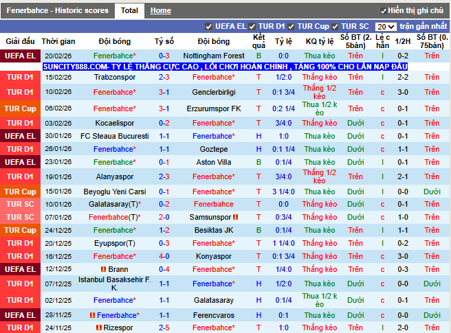 Phong độ gần đây Fenerbahce