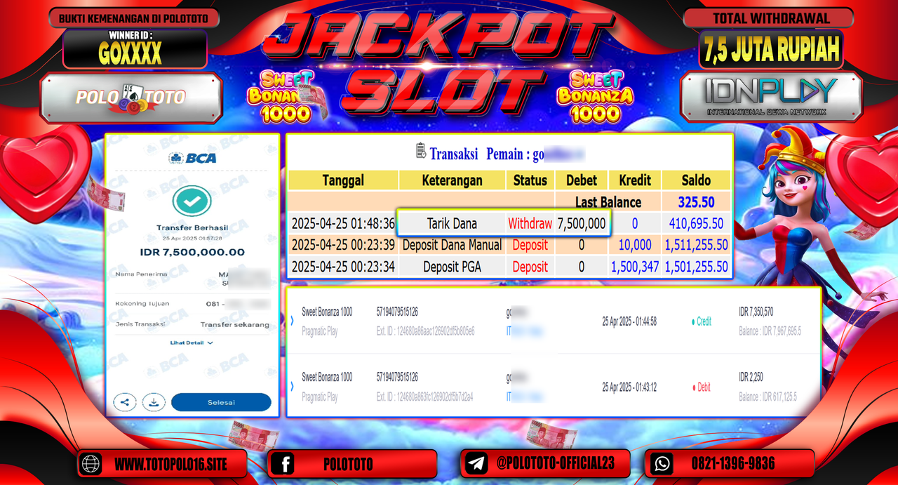 POLOTOTO JACKPOT SLOT SWEET BONANZA 1000 Rp.7.500.000,-