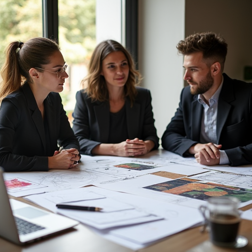 Команда дизайнеров обсуждает проект интерьера с использованием белорусской мебели Furman — акцент на стиль и надёжность.