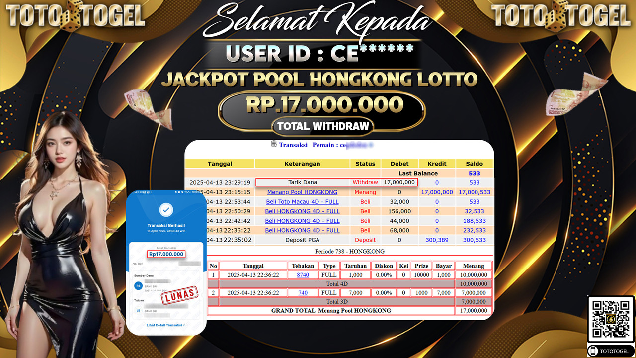 Bukti Pembayaran Jackpot  Permainan Togel Pool Hongkong Lotto ID:CE****** LUNAS