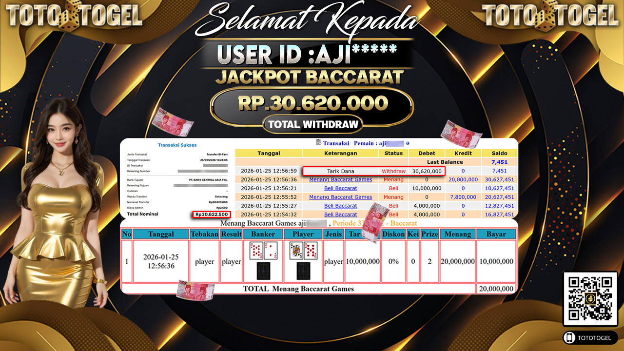 Bukti Pembayaran Jackpot Permainan Live Game Baccarat ID:AJI*****LUNAS