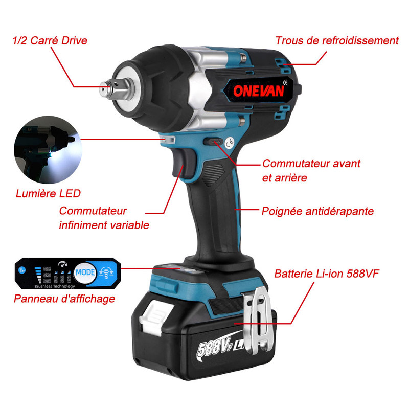 Clé à Chocs Sans Fil Brushless électrique, 1800Nm 1/2 Pouces, Boulonneuse A Choc Convient Pour Batterie 18V Makita - Avec 2 Batteries 15 Clé à Chocs Sans Fil Brushless électrique, 1800Nm 1/2 Pouces, Boulonneuse A Choc Convient Pour Batterie 18V Makita - Avec 2 Batteries -Outils Électriques