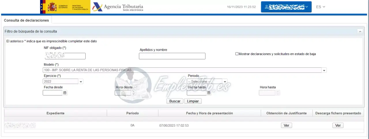 Filtro de búsqueda de la consulta de declaradores
