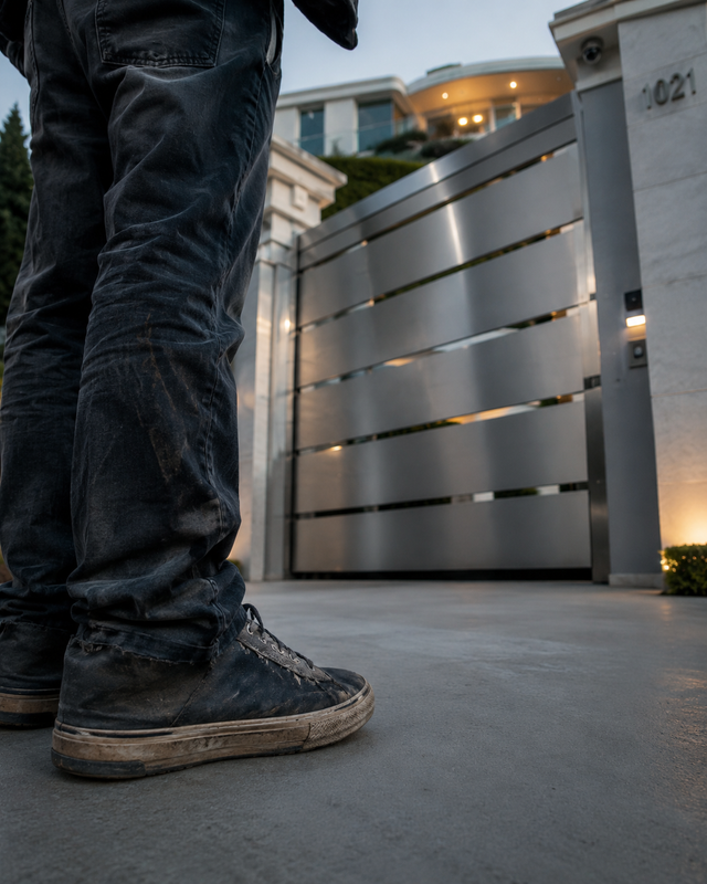 Nina standing near a Hollywood Hills gate, showing how access and class pressure begin before entry