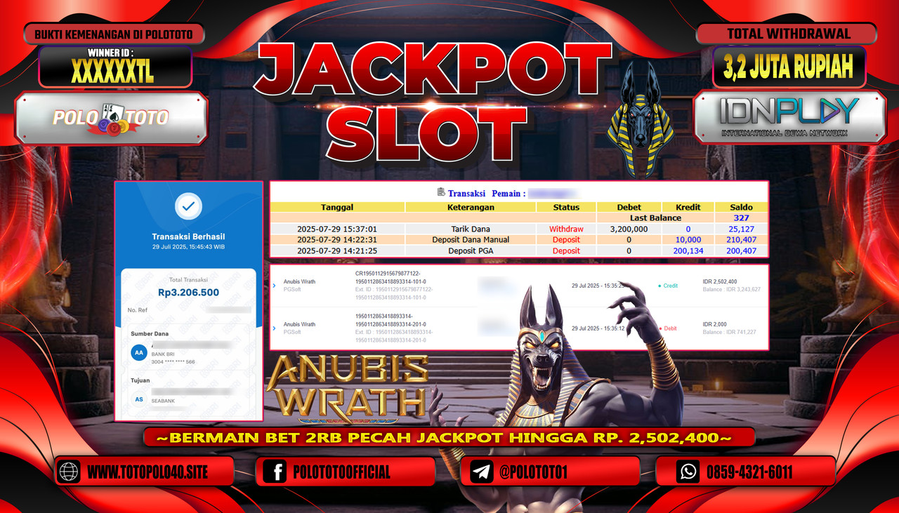 POLOTOTO JACKPOT SLOT ANUBIS WRATH Rp.3.200.000,- LUNAS