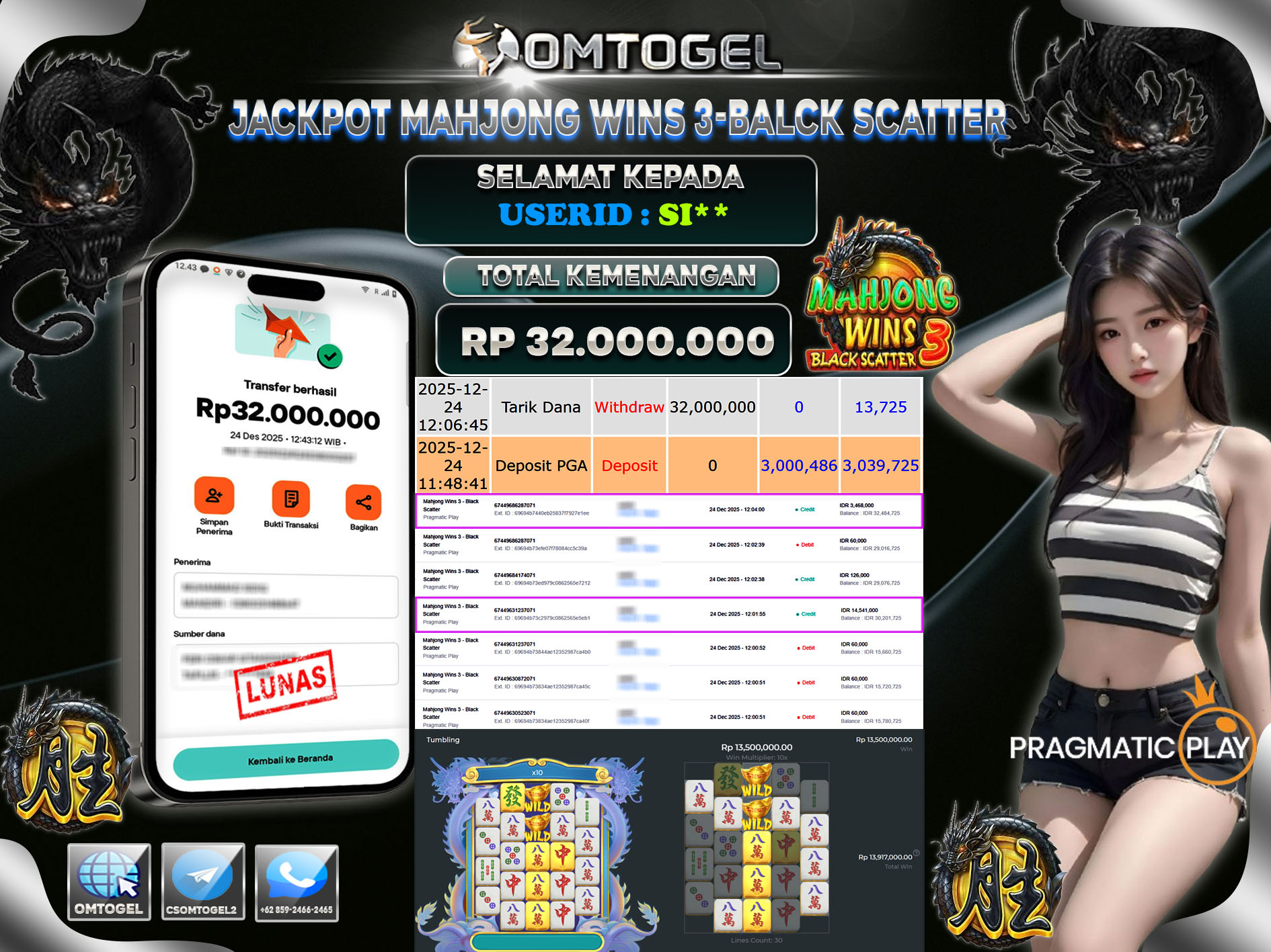 OMTOGEL JACKPOT PRAGMATIC PLAY MAHJONG WINS 3 BLACK SCATTER ,32 JUTA DI BAYAR LUNAS ,-