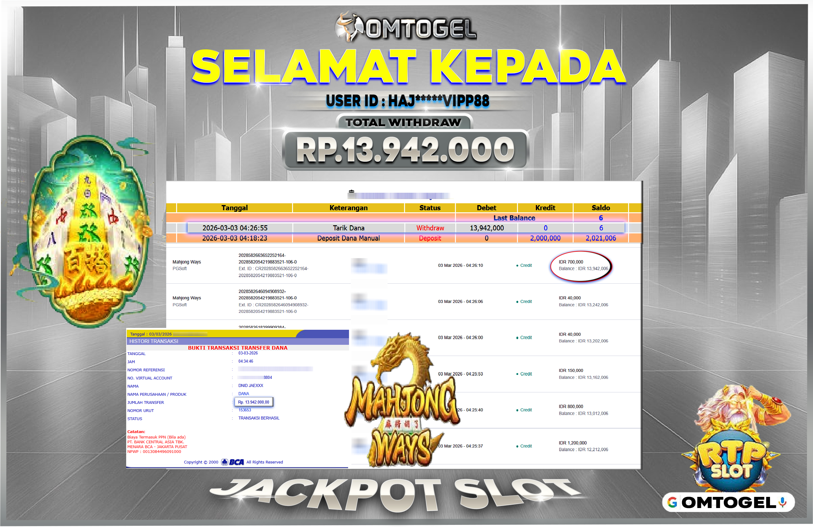 OMTOGEL JACKPOT PG SOFT MAHJONG WAYS, 13 JUTA DI BAYAR LUNAS ,-
