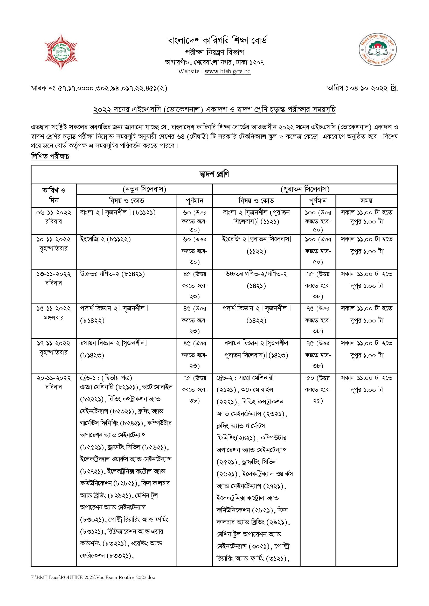 BTEB HSC Vocational Routine 2024