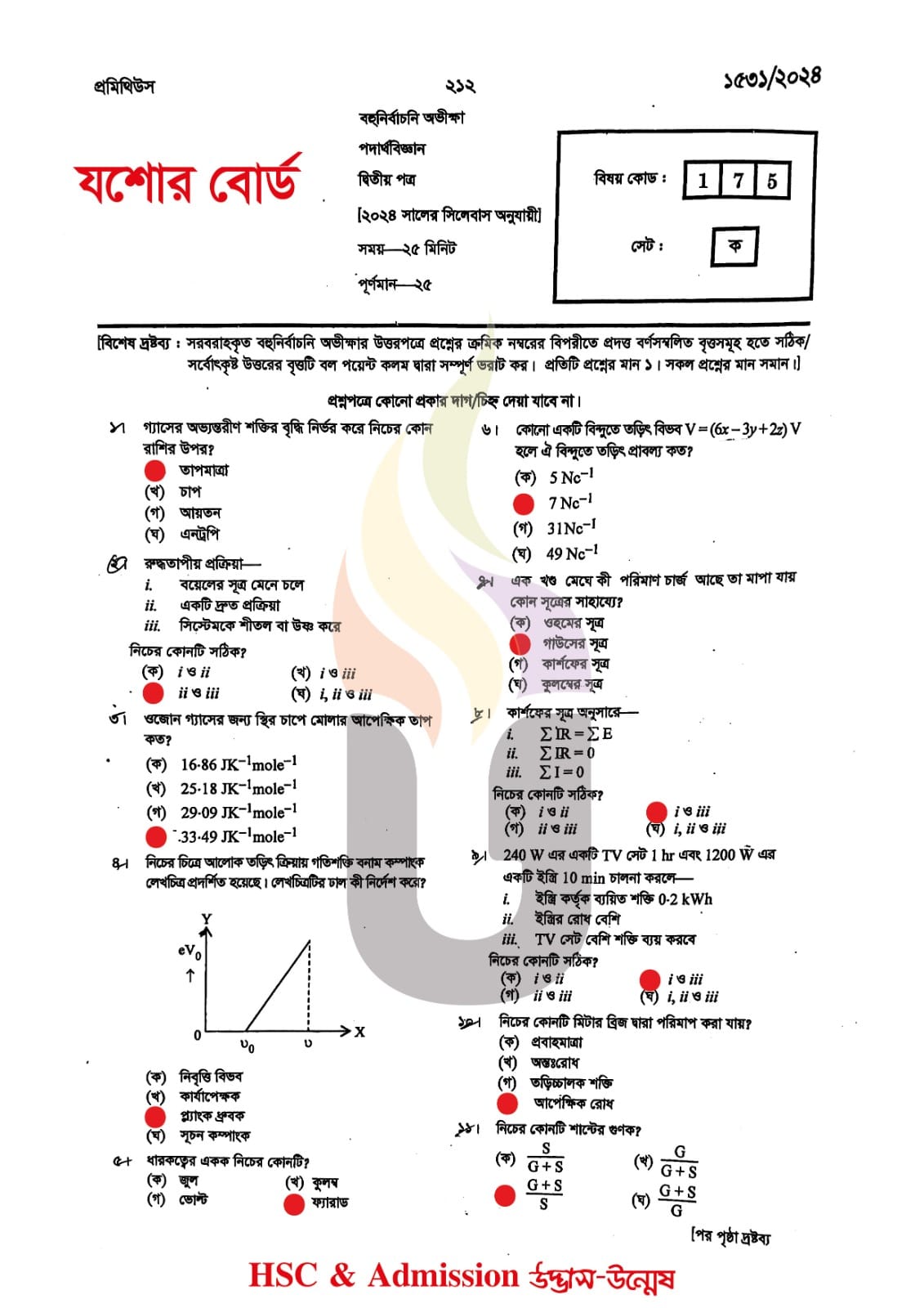 যশোর বোর্ড এইচএসসি পদার্থবিজ্ঞান ২য় পত্র MCQ প্রশ্ন সমাধান ২০২৪