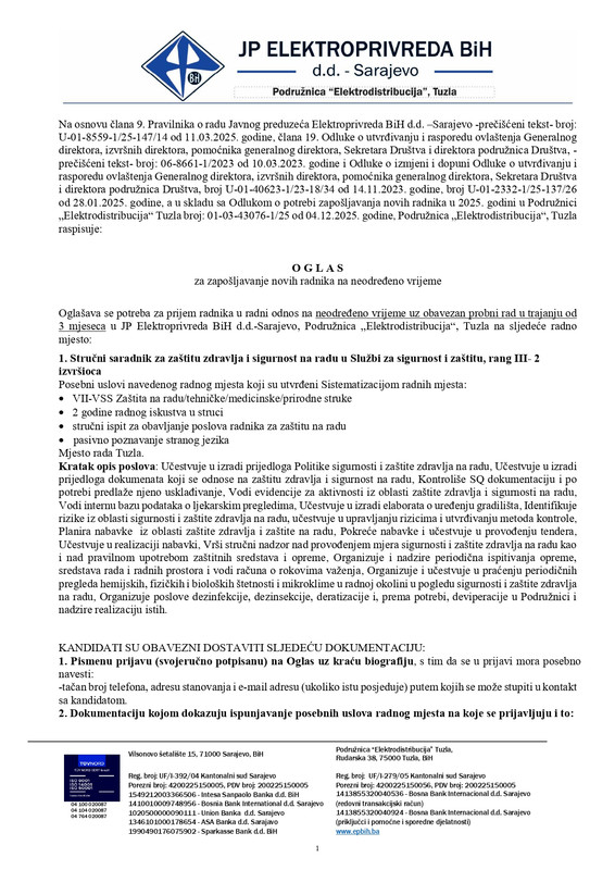 Oglas za prijem novih radnika na neodredjeno vrijeme ED Tuzla page 0001