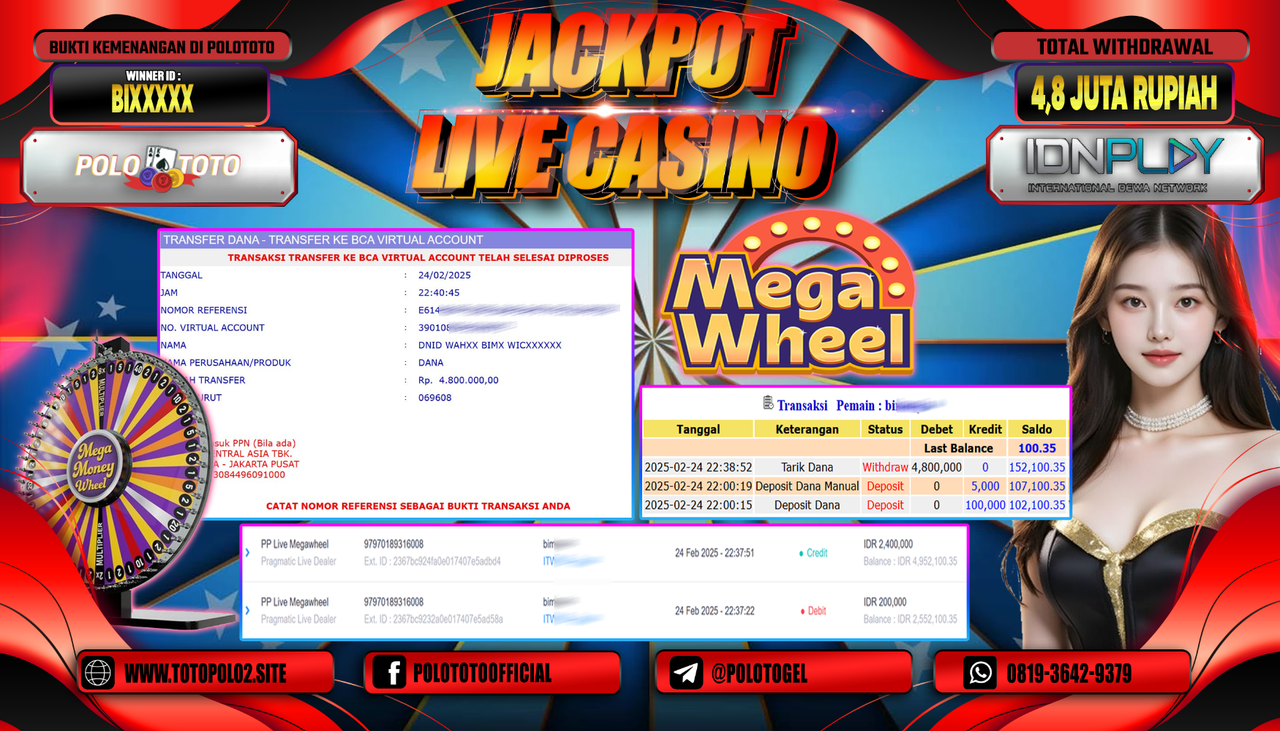 POLOTOTO JACKPOT LIVE CASINO PP LIVE MEGAWHEEL Rp.4.800.000,-