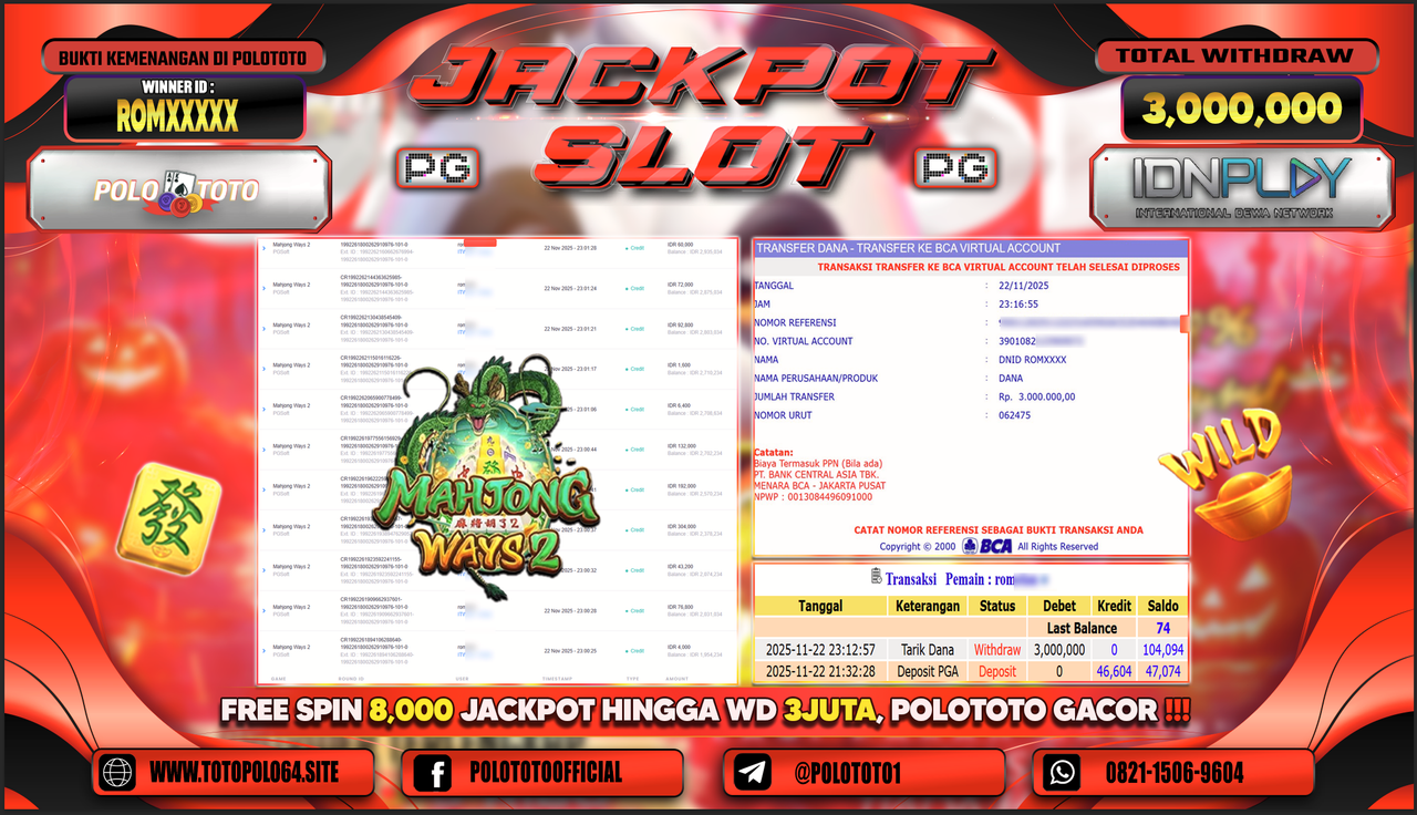 POLOTOTO JACKPOT SLOT MAHJONG WAYS 2 Rp..3.000.000,- LUNAS