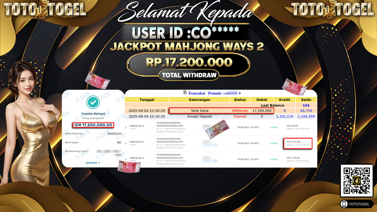 Bukti Pembayaran Jackpot Permainan Slot Mahjong Ways 2 ID:CO***** LUNAS