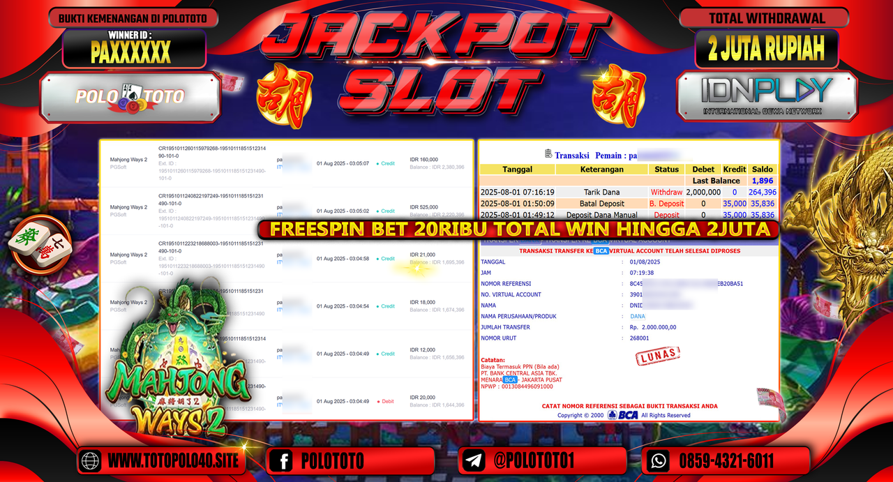 POLOTOTO JACKPOT SLOT MAHJONG WAYS 2 Rp.2.000.000,-LUNAS