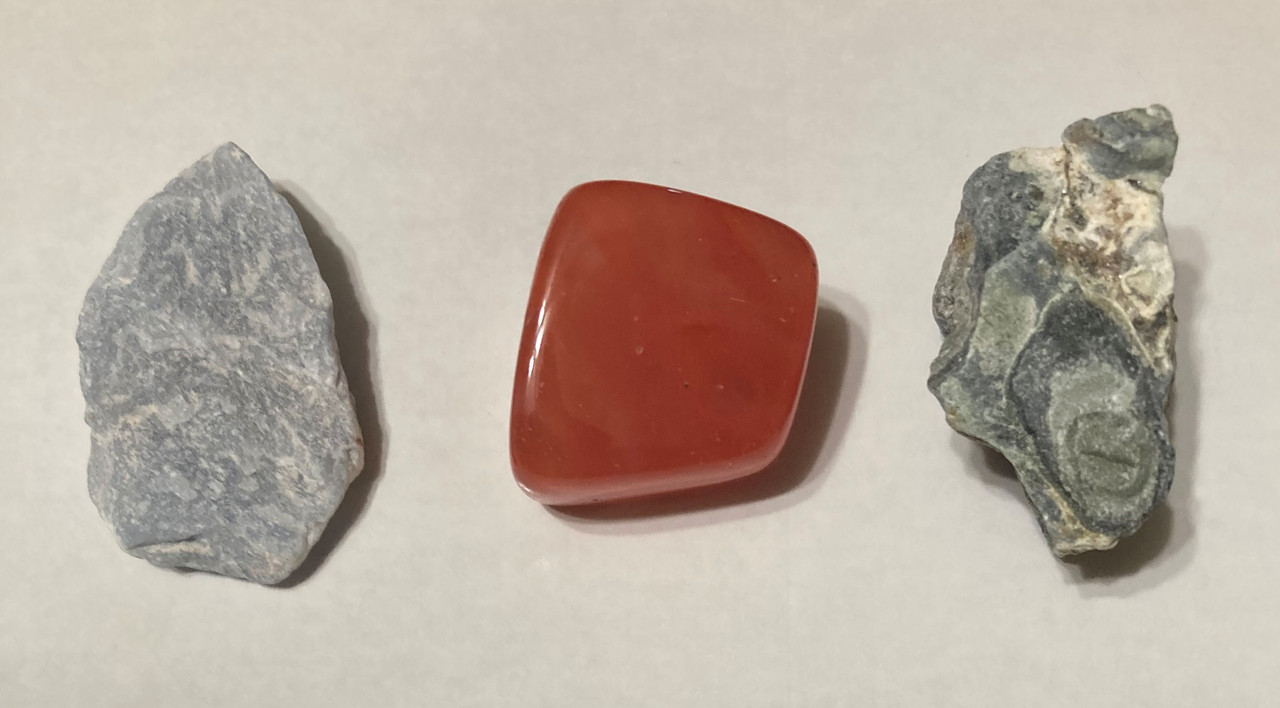 Raw Angelite, Tumbled Cherry Quartz, Raw Kambaba Jasper, information sheett