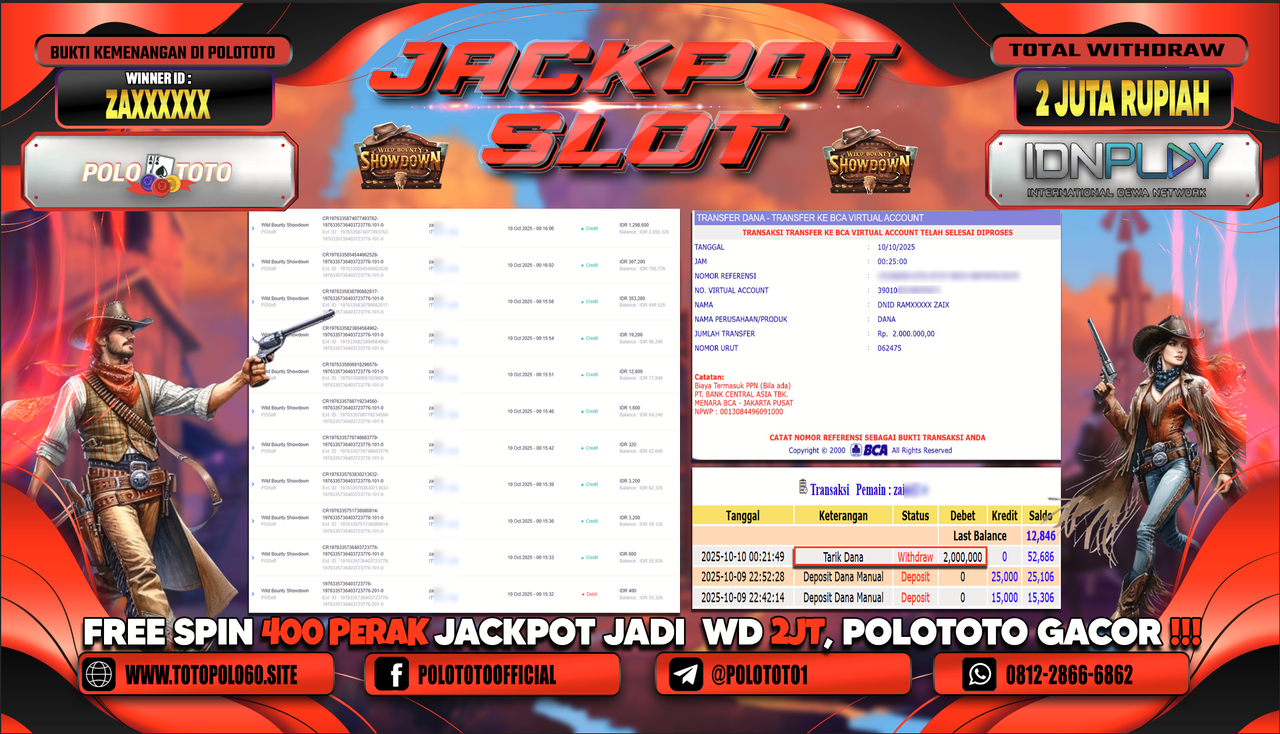 POLOTOTO JACKPOT SLOT WILD BOUNTY SHOWDOWN Rp.2.000.000,- LUNAS