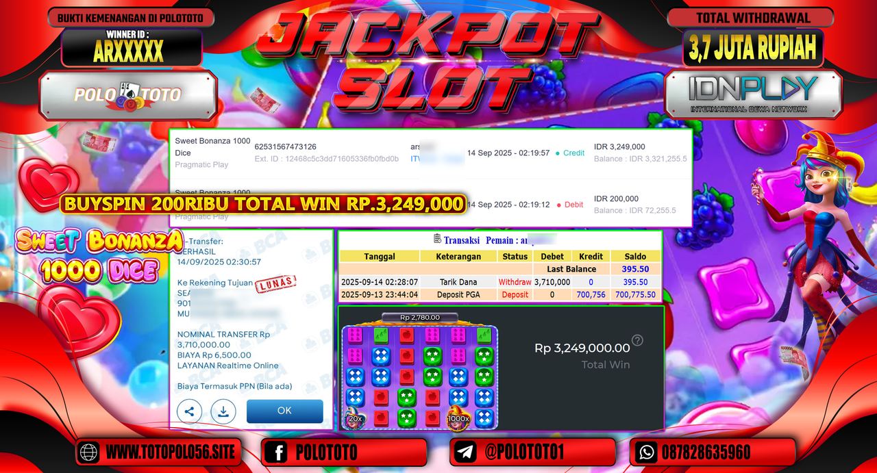 POLOTOTO JACKPOT SLOT SWEET BONANZA 1000 DICE Rp.3.710.000,-