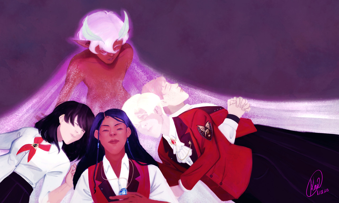 An illustration of the main cast of Equinox's Fables by egglinh on Webtoon. From left to right, Kieu, Volstis, Cendre, and Roland lay asleep on Farash (incubus form), who is sitting, watching over them. Their expressions vary from troubled (Kieu and Cendre) to neutral (Roland) to determined (Volstis). Though the background is dark, Farash is aglow, keeping the others in the light.