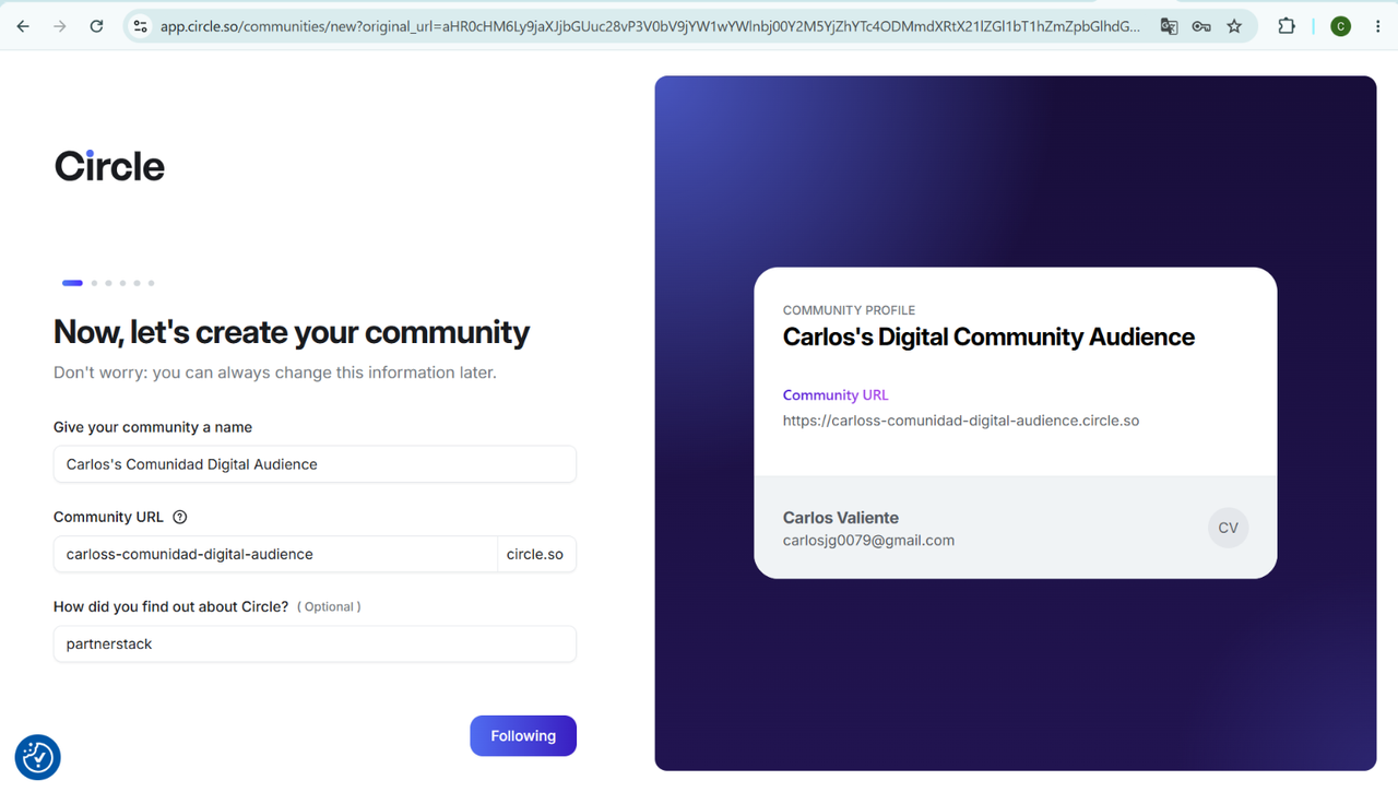 Circle.so community setup screen