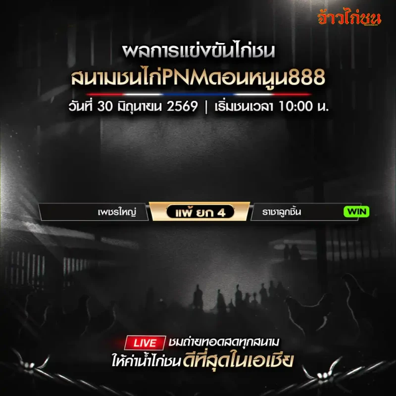 สรุปผลไก่ชน สนามชนไก่ PNM ดอนหนูน888 วันที่ 30 มิถุนายน 2569