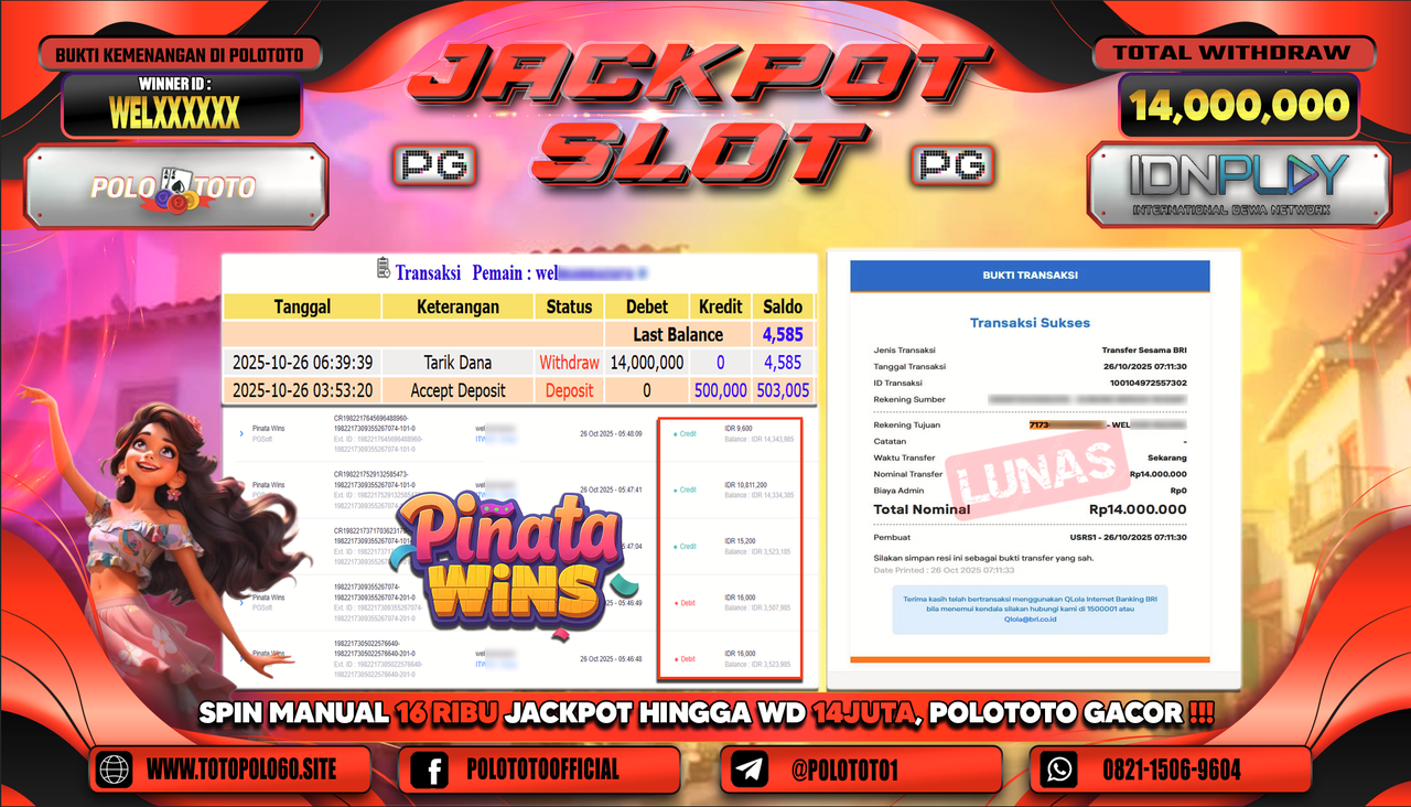 POLOTOTO JACKPOT SLOT PINATAS WINS Rp.14.000.000,- LUNAS