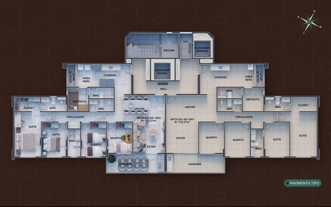 Planta baixa detalhada do Palácio das Laranjeiras com 4 quartos e suítes