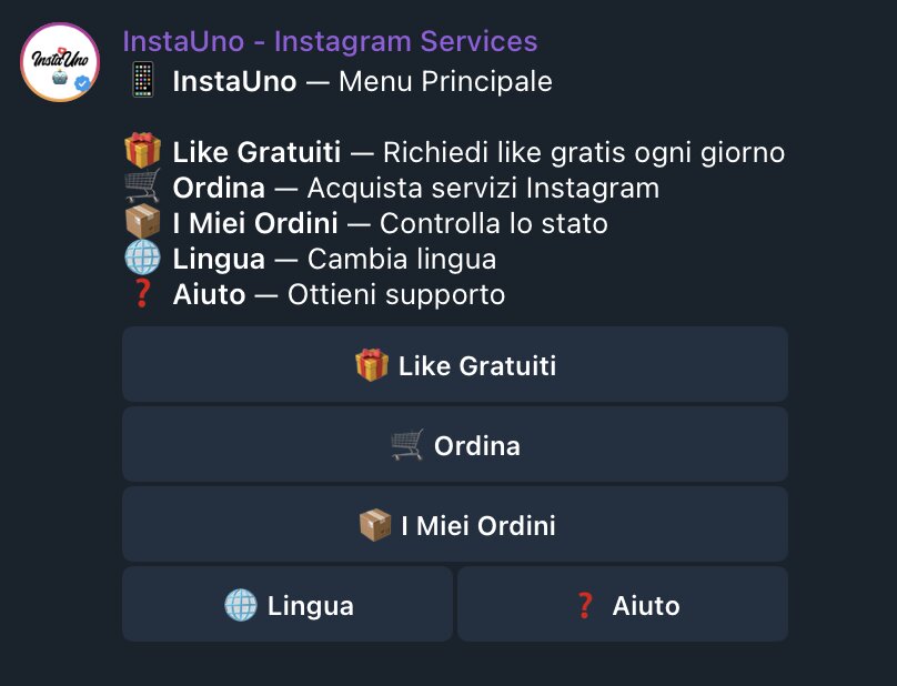 Menu servizi Instagram su Telegram con focus sui Mi Piace