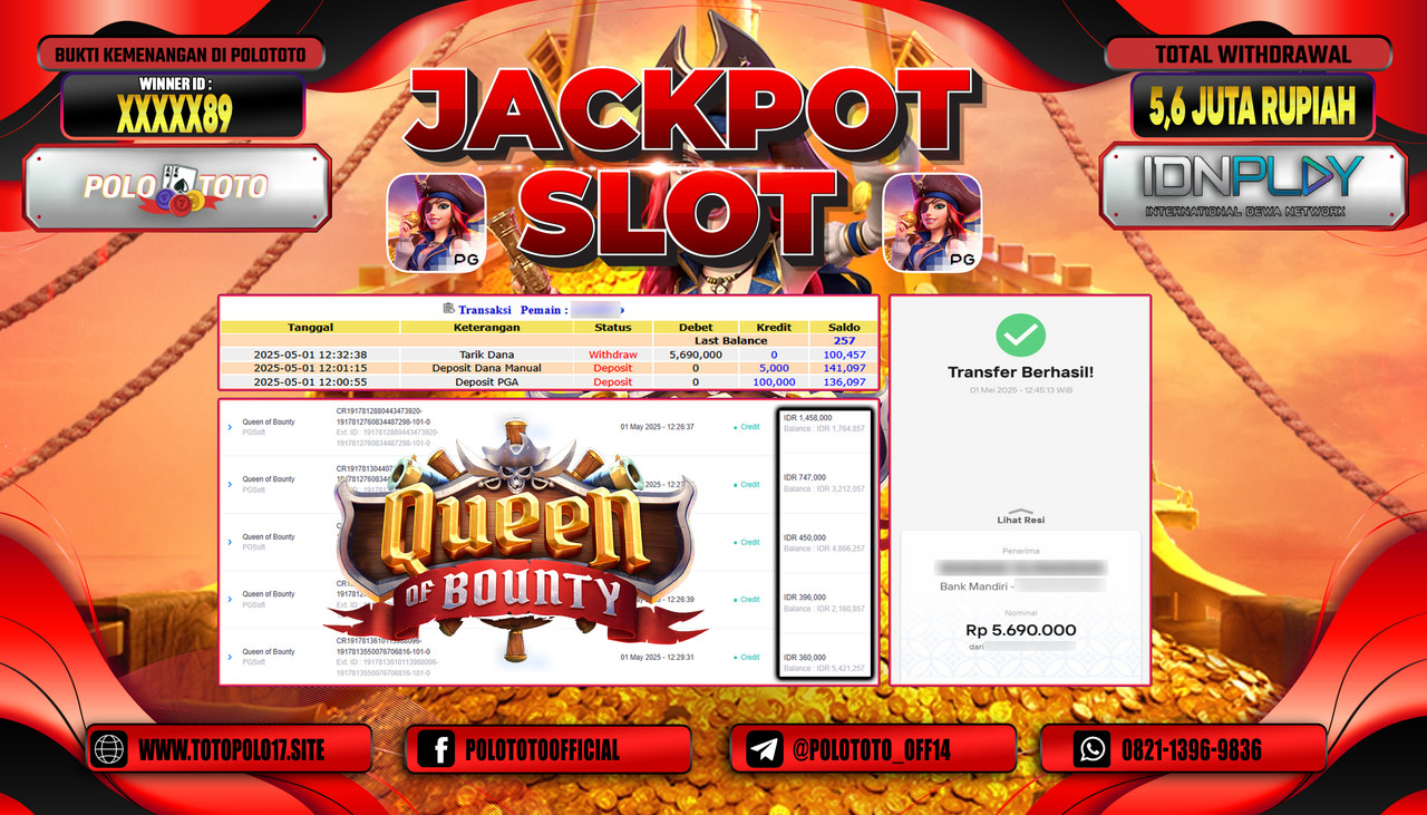 POLOTOTO JACKPOT SLOT QUEEN OF BOUNTY Rp.5.690.000,-