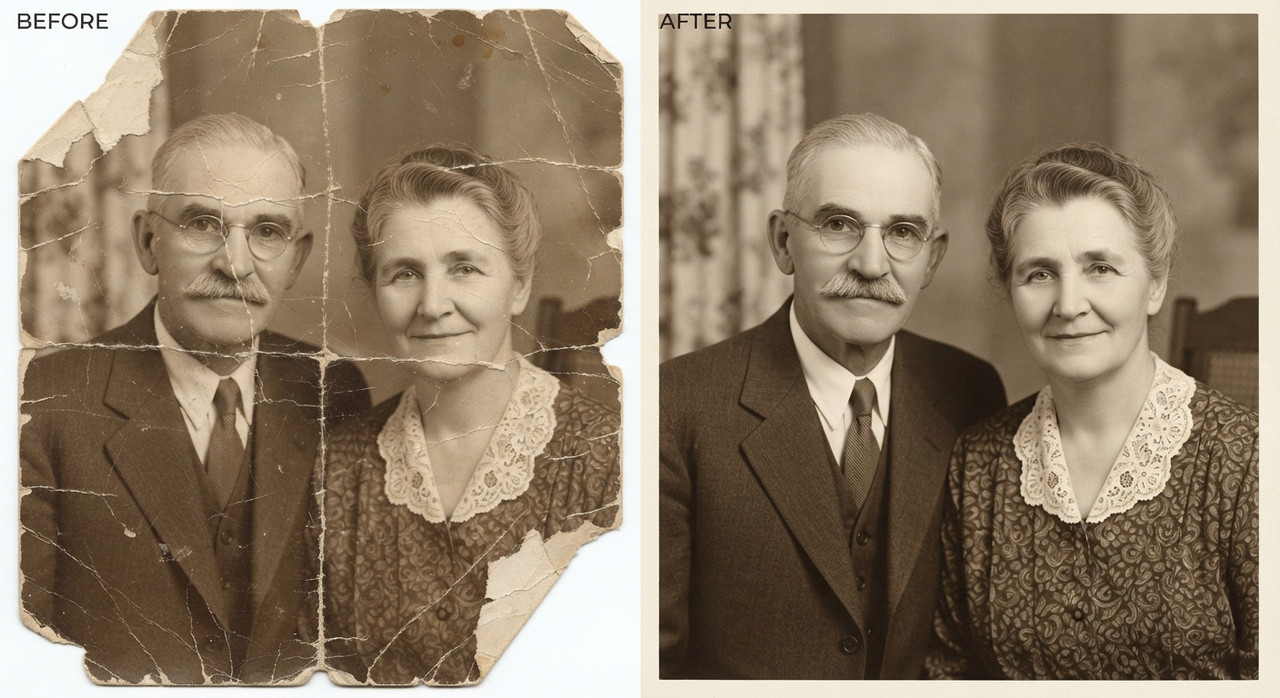 AI-generated example result for the upscaling prompt: Damaged Antique Photo Reconstruction AI Prompts for Image Upscaling by Prompt Craft