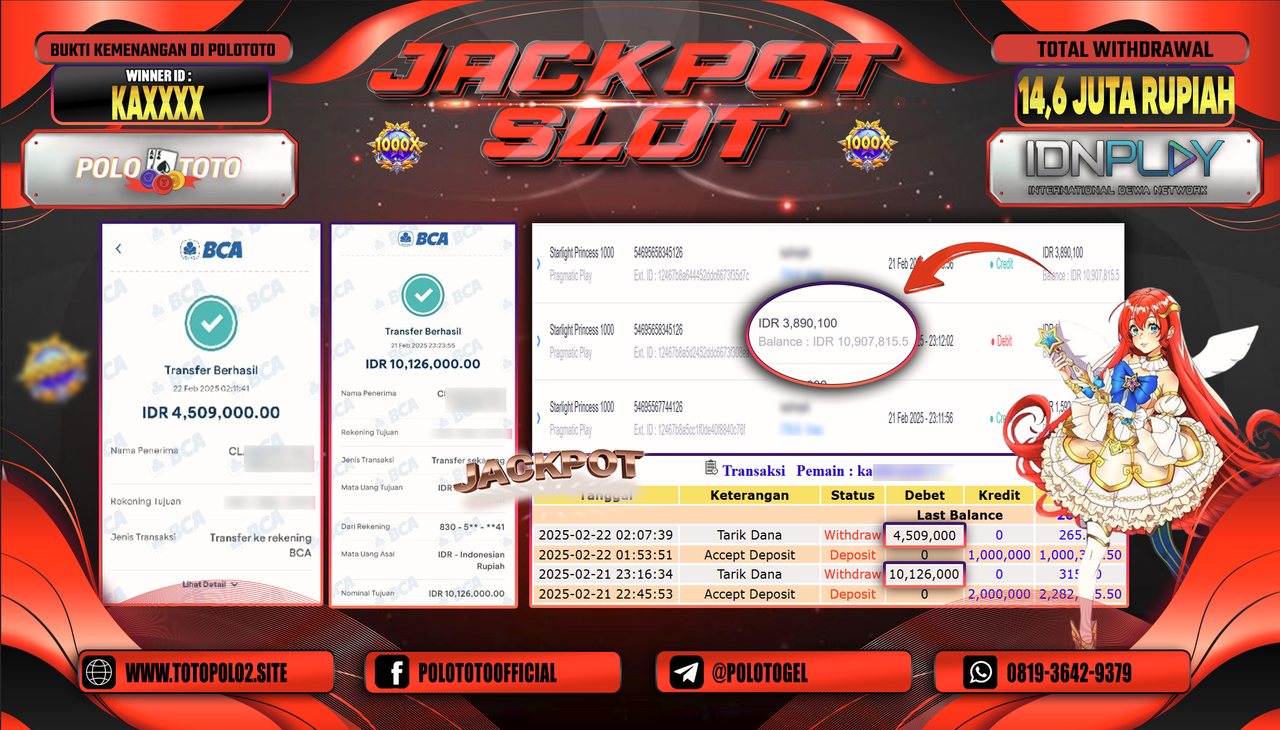 POLOTOTO JACKPOT SLOT STARLIGHT PRINCESS 1000 Rp.14.635.000,-