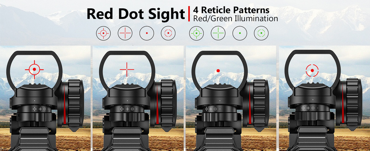 EZshoot 4-16x50 AO rifle scope mounted on a tactical rifle featuring the red/green dot sight and built-in laser and flashlight