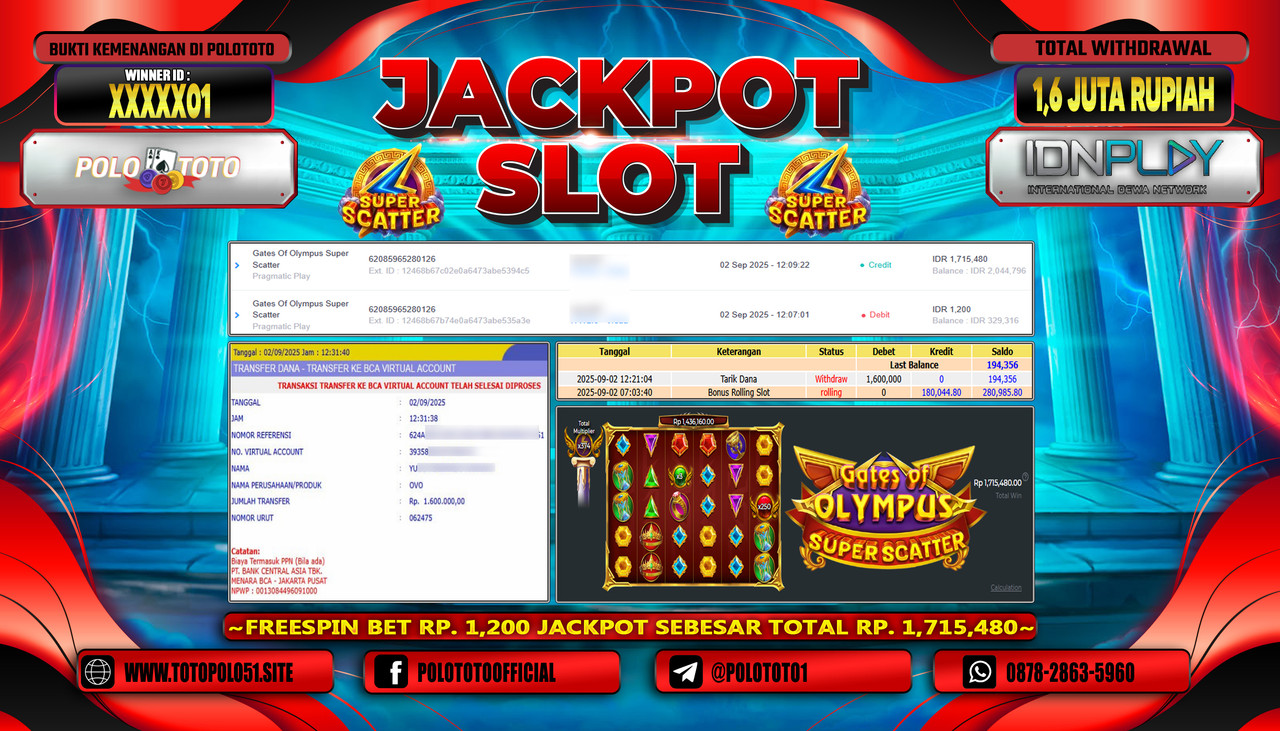 POLOTOTO JACKPOT SLOT GATES OF OLYMPUS SUPER SCATTER Rp.1.600.000,- LUNAS