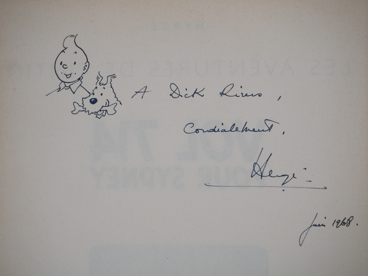 Dédicace Hergé Juin 1968 Dick Rivers