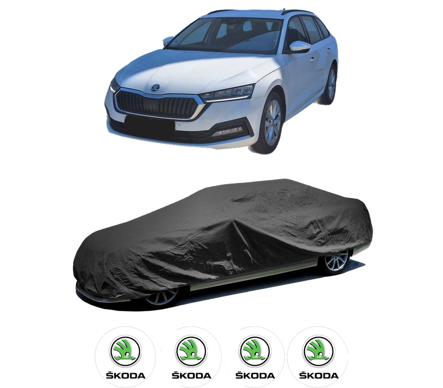Husa tip prelata auto pentru SKODA OCTAVIA IV Combi (NX5, PV5) din 2019-2020, Culoare Negru, material textil impermeabil, rezistanta la intemperii praf UV, CARPASSION Husa Protectie, 4 Stickere auto cu SKODA