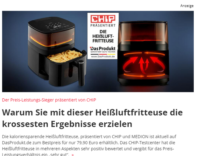 Anzeige für Heißluftfritöse