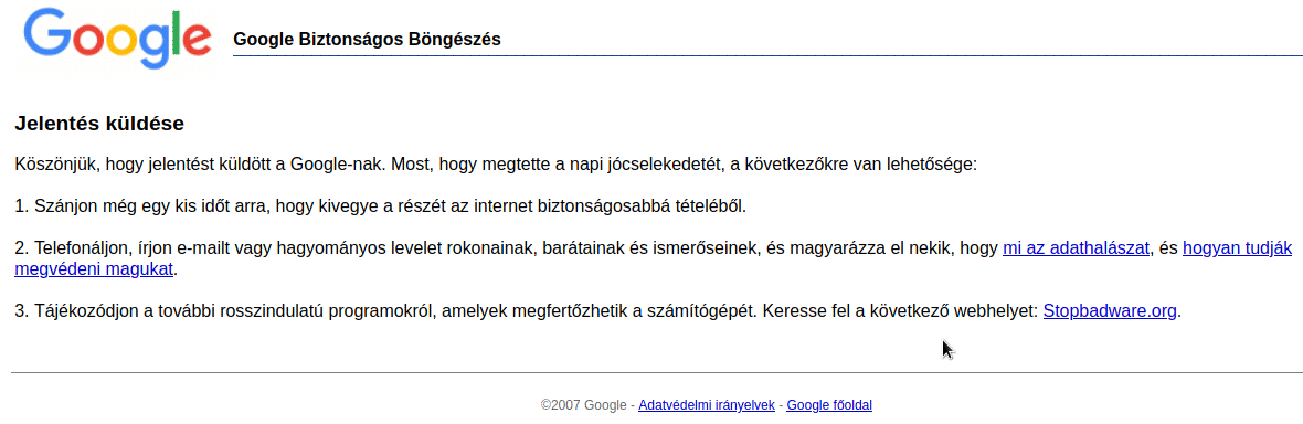 Köszönjük, hogy jelentést küldött a Google-nak