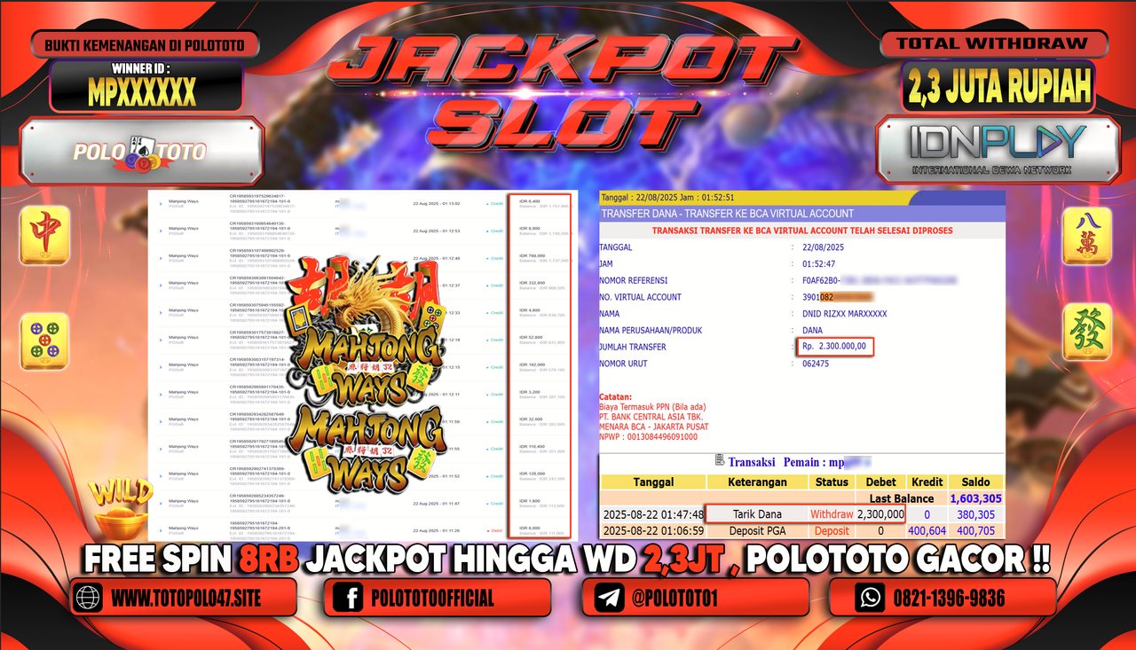 POLOTOTO JACKPOT SLOT MAHJONG WAYS Rp.2.300.000,-